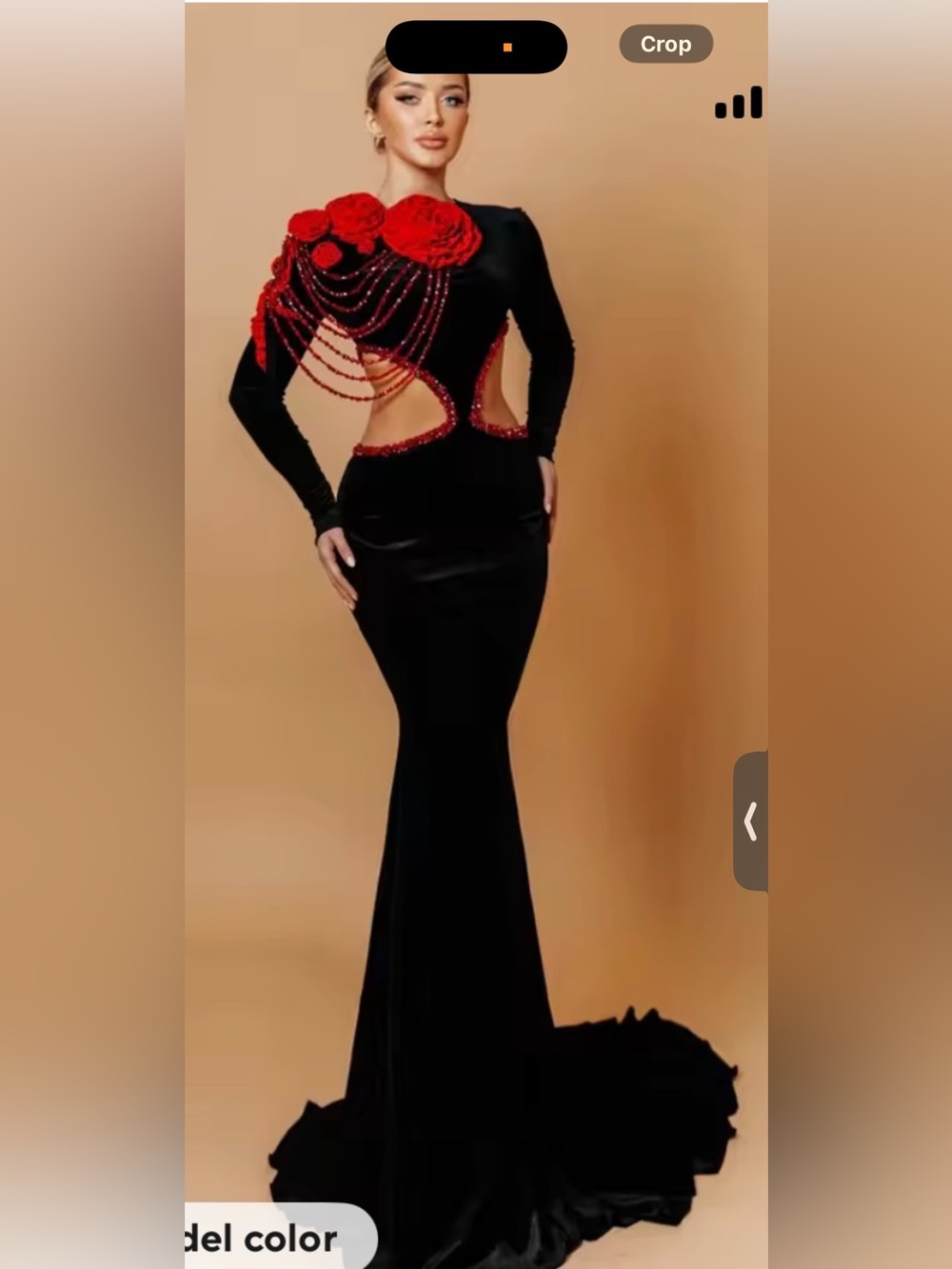 Black Long-Sleeve Evening Gown with Red Beaded Floral Detail